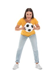 Photo of Happy fan with soccer ball isolated on white