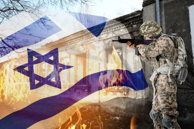 Military, flag of Israel and ruined house, double exposure
