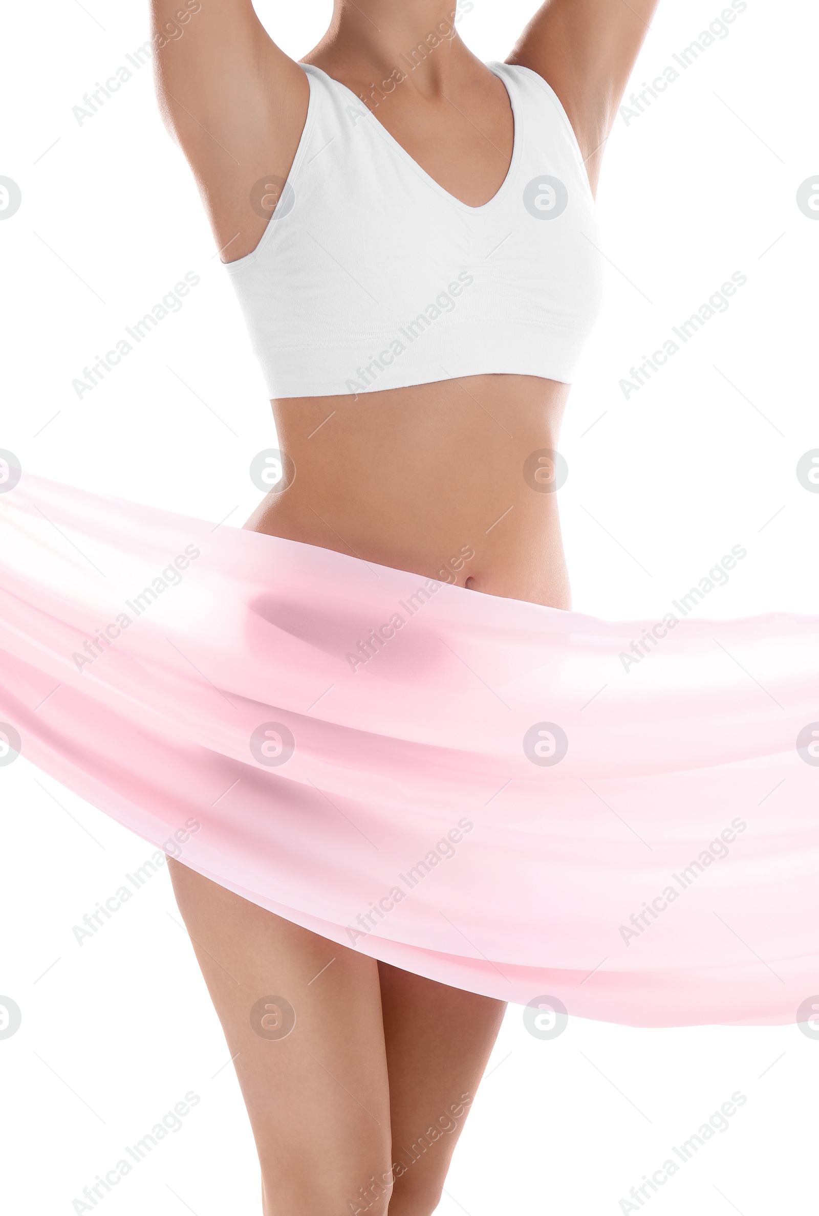 Photo of Young woman covering her body with silk fabric on white background. Beauty care