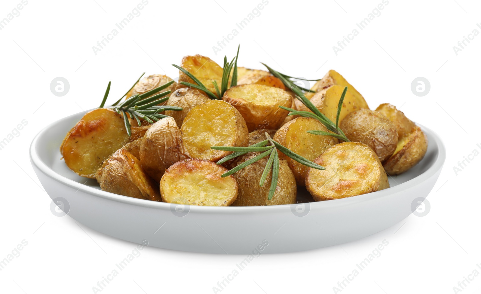 Photo of Delicious baked potatoes with rosemary isolated on white