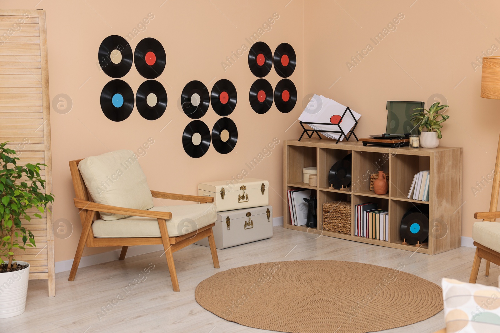 Photo of Living room interior decorated with vinyl records