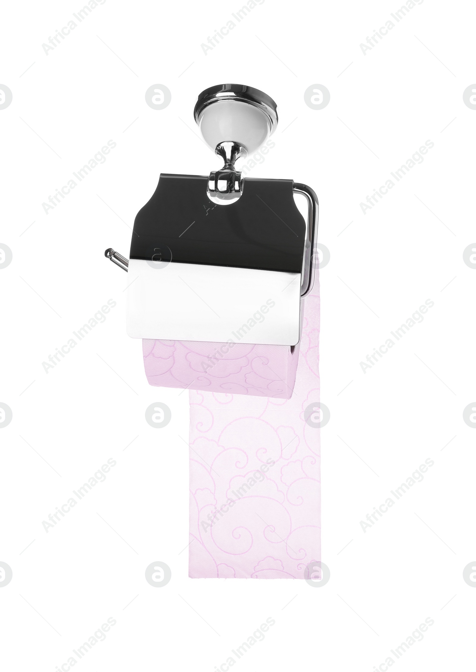 Photo of Toilet paper holder with roll on white background. Personal hygiene