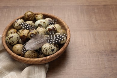 Photo of Speckled quail eggs and feathers on wooden table, space for text