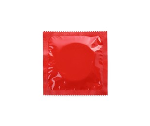 Photo of Condom package isolated on white, top view. Safe sex