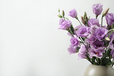 Photo of Eustoma flowers in vase on white background, space for text