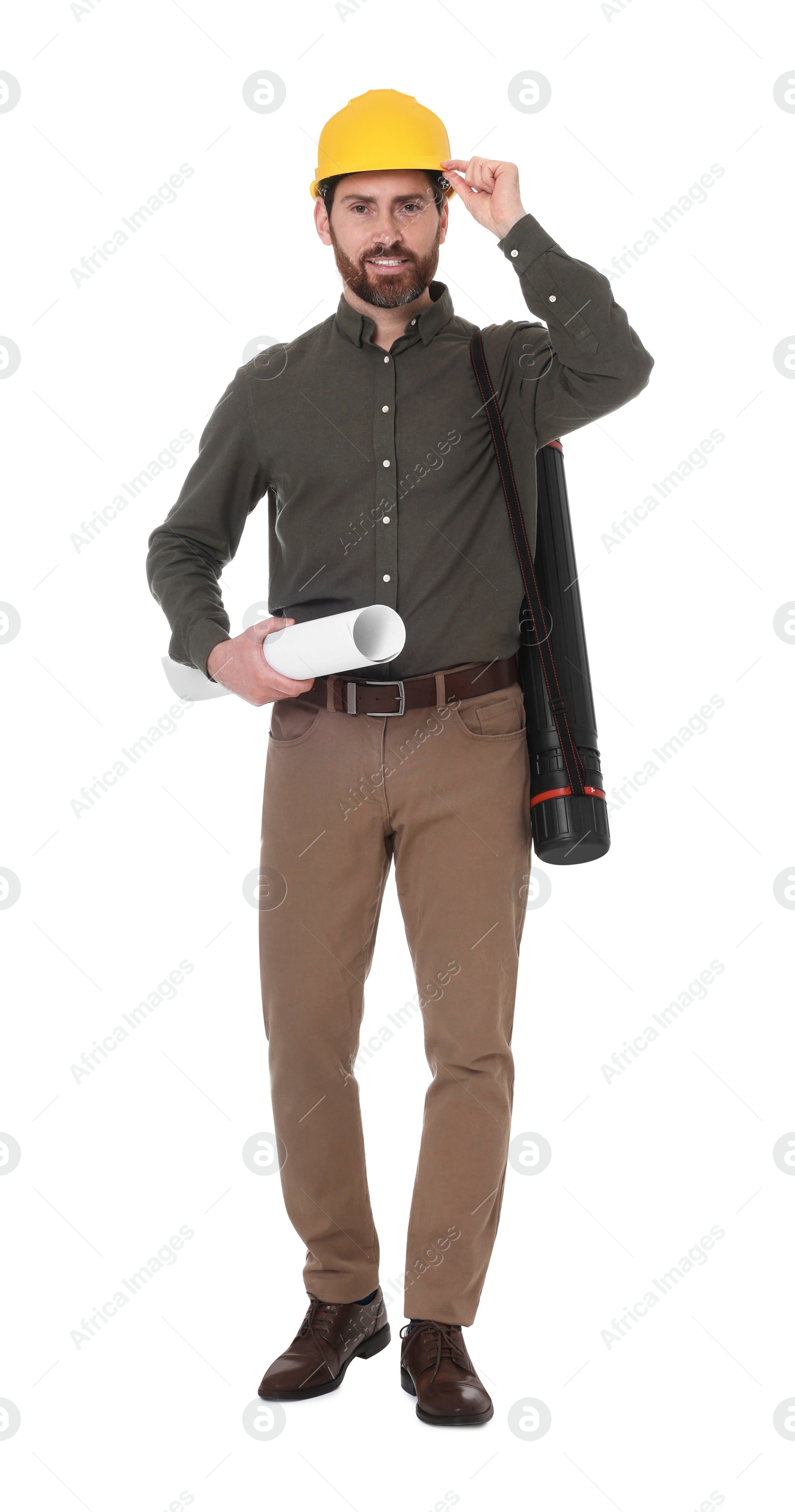 Photo of Architect in hard hat with drawing tube and draft on white background