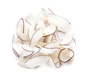 Photo of Pile of fresh coconut flakes isolated on white, top view