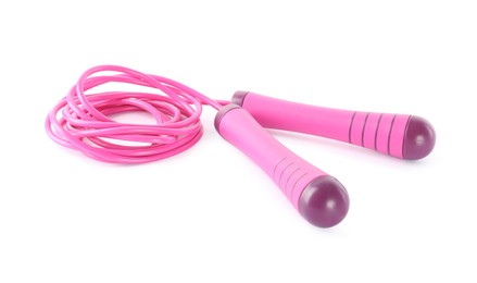 Pink skipping rope on white background. Sports equipment