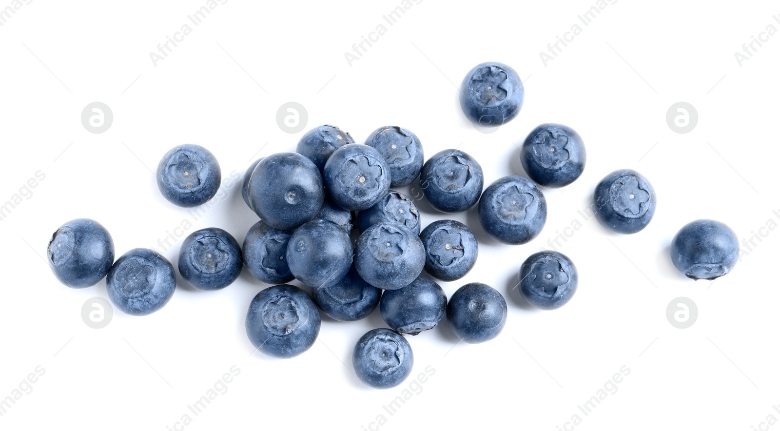 Photo of Fresh raw tasty blueberries isolated on white, top view