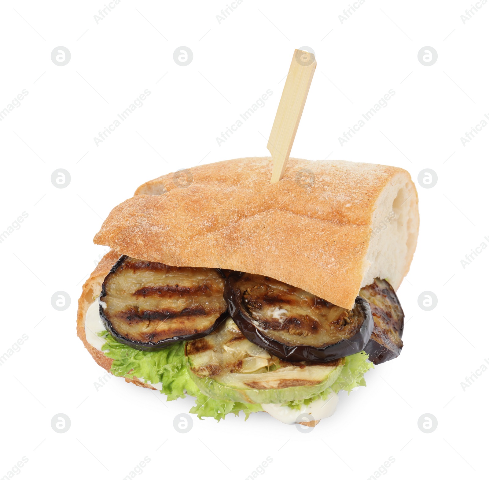 Photo of Delicious fresh eggplant sandwich isolated on white