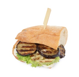 Photo of Delicious fresh eggplant sandwich isolated on white