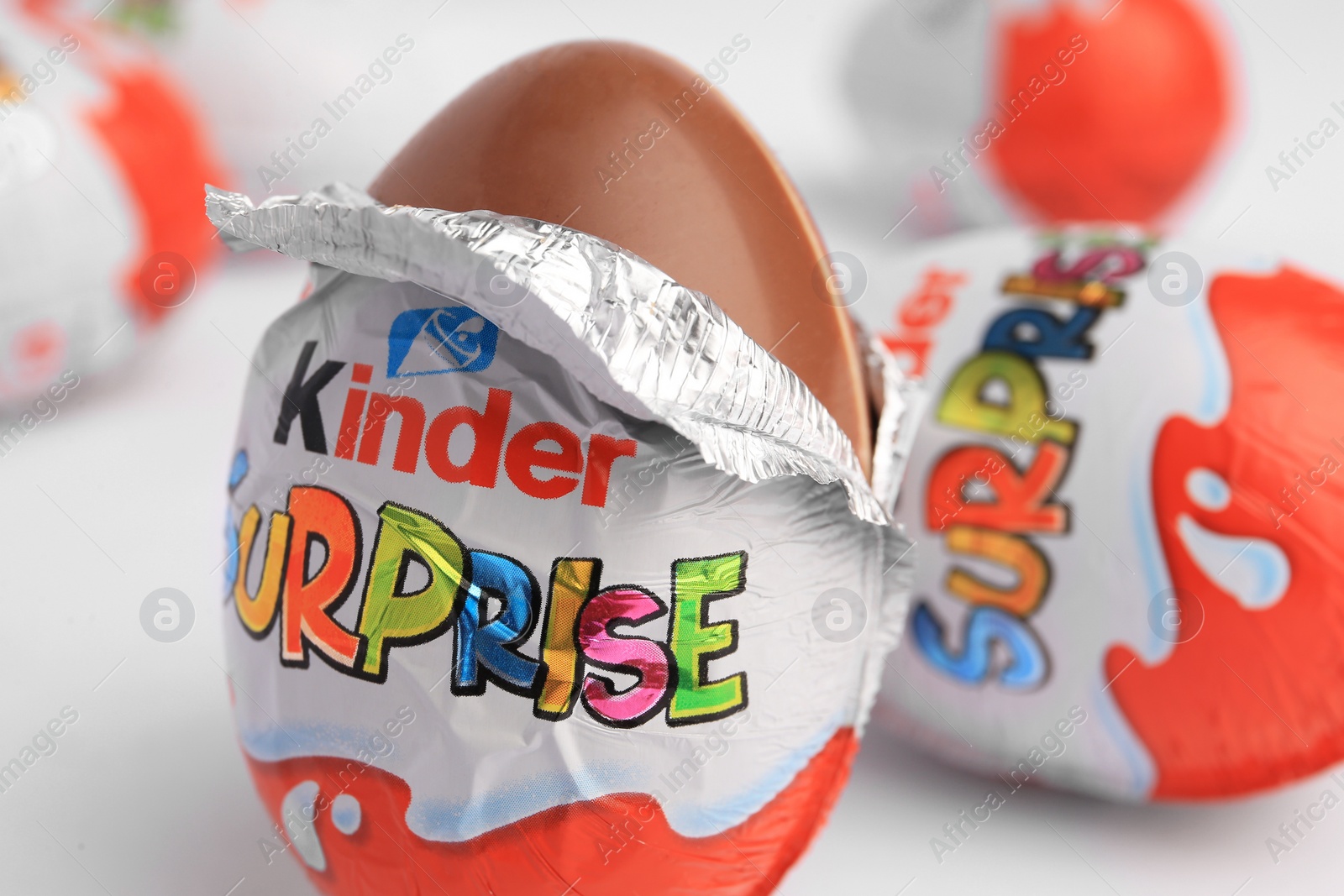 Photo of Sveti Vlas, Bulgaria - June 27, 2023: Kinder Surprise Eggs on white background, closeup