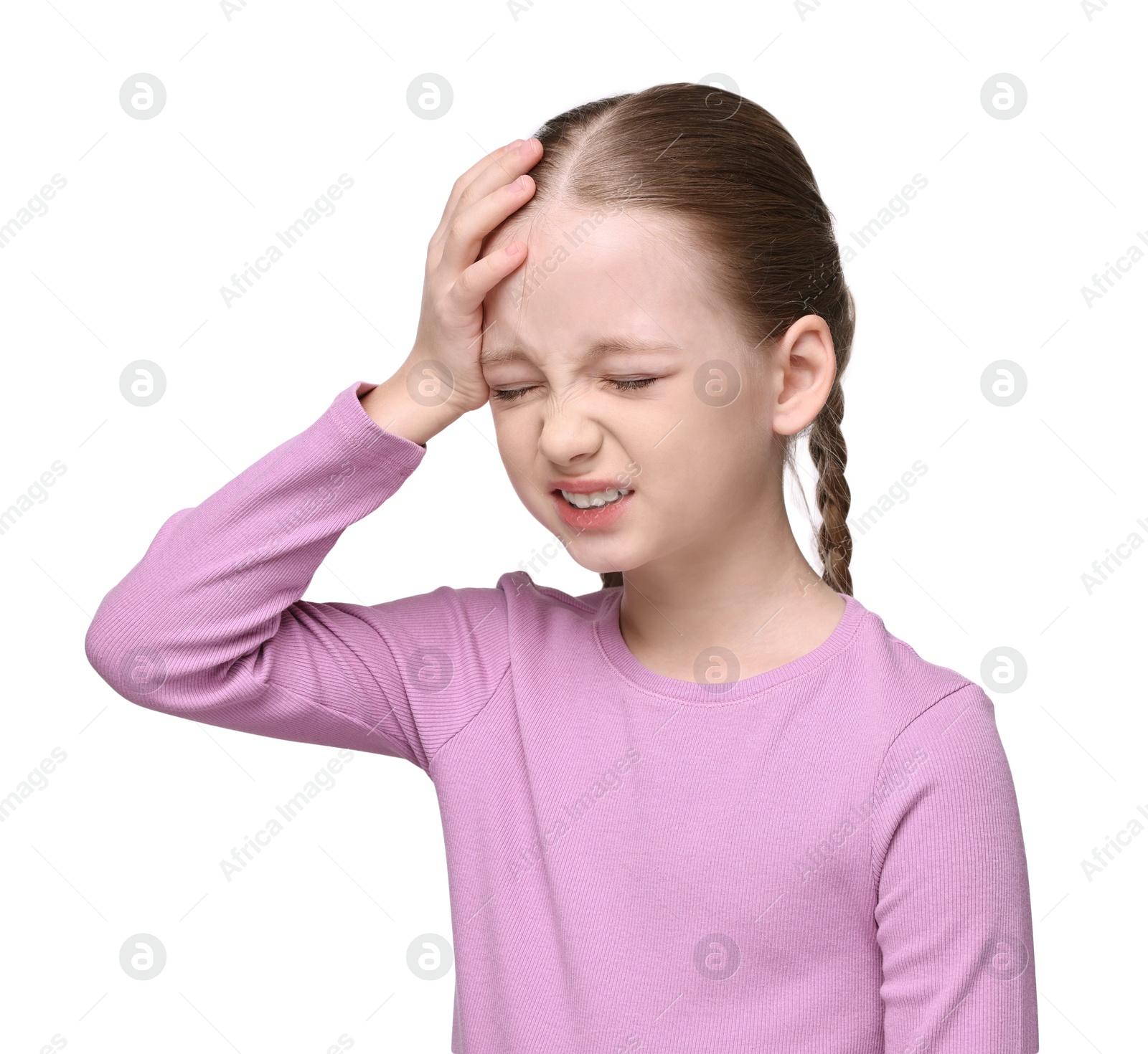 Photo of Little girl suffering from headache on white background