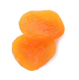 Photo of Tasty apricots on white background, top view. Dried fruit as healthy food