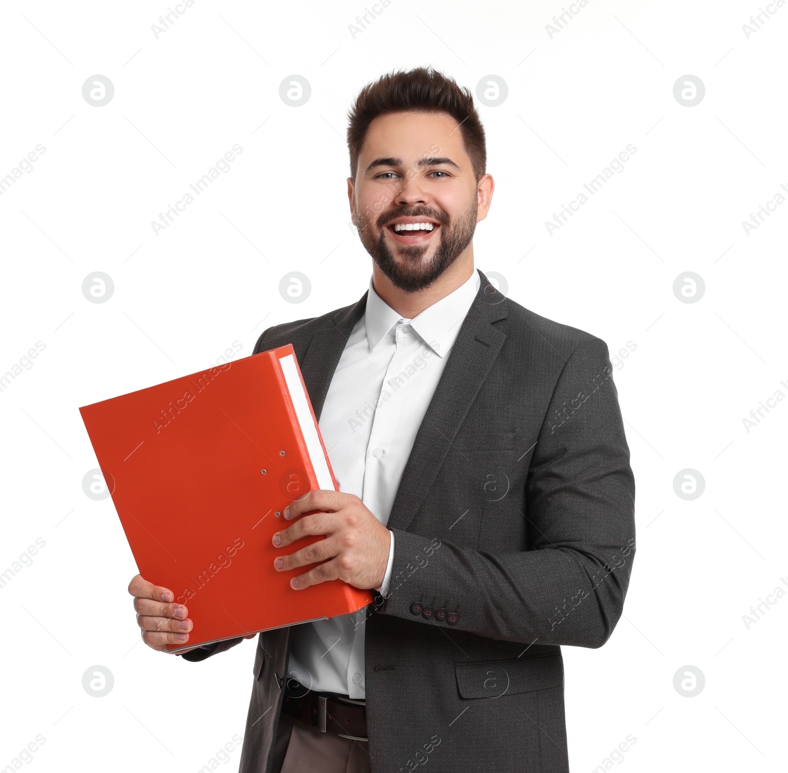 Photo of Happy man with folder on white background