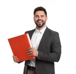 Photo of Happy man with folder on white background