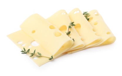 Photo of Slices of tasty fresh cheese and thyme isolated on white