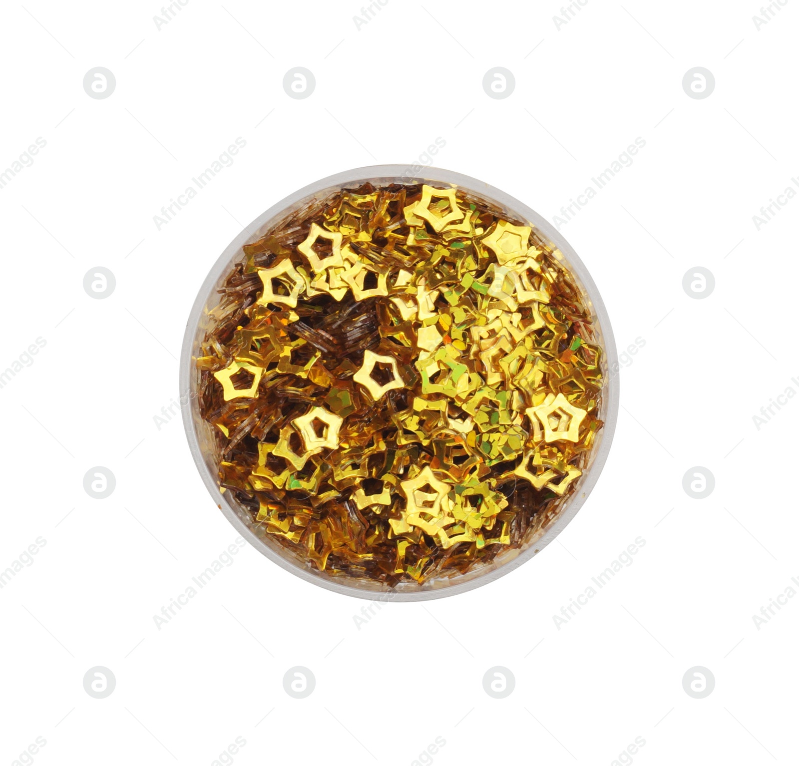 Photo of Golden sequins in shape of stars on white background, top view