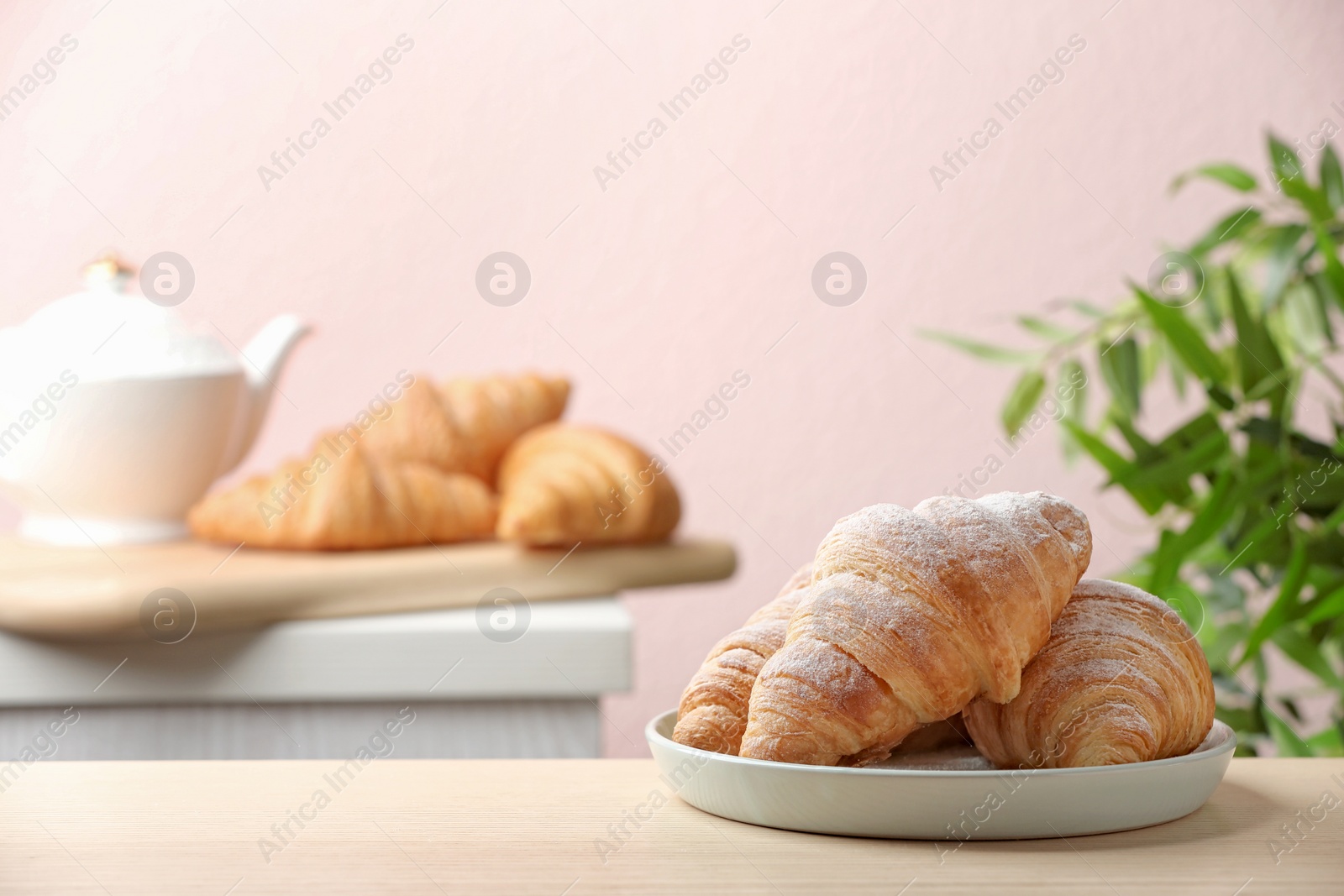 Photo of Plate of fresh croissants sprinkled with powdered sugar on table indoors, space for text. French pastry