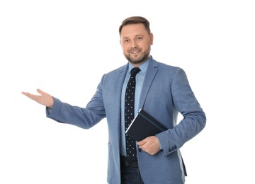 Photo of Real estate agent with notebook on white background