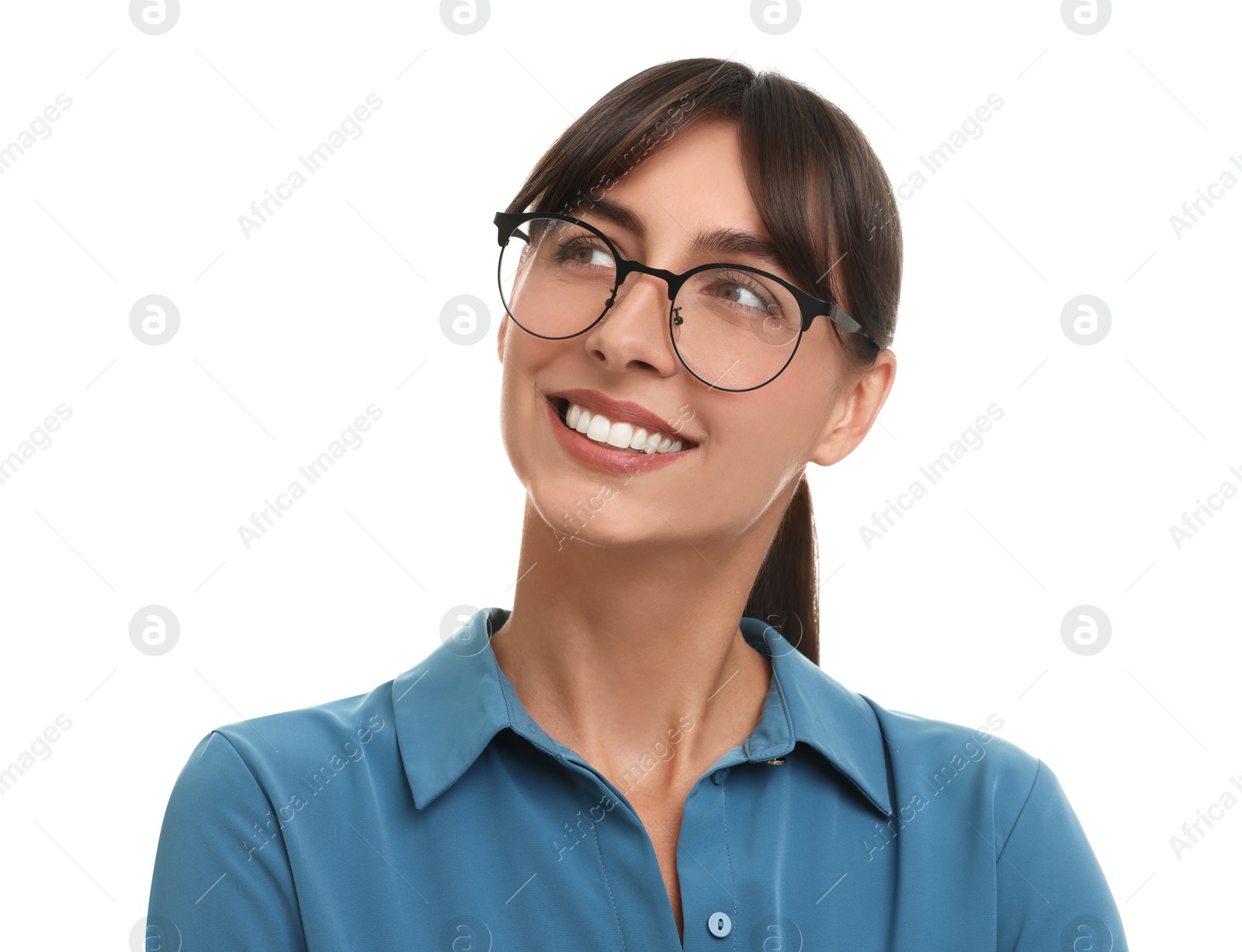 Photo of Portrait of happy secretary in glasses on white background