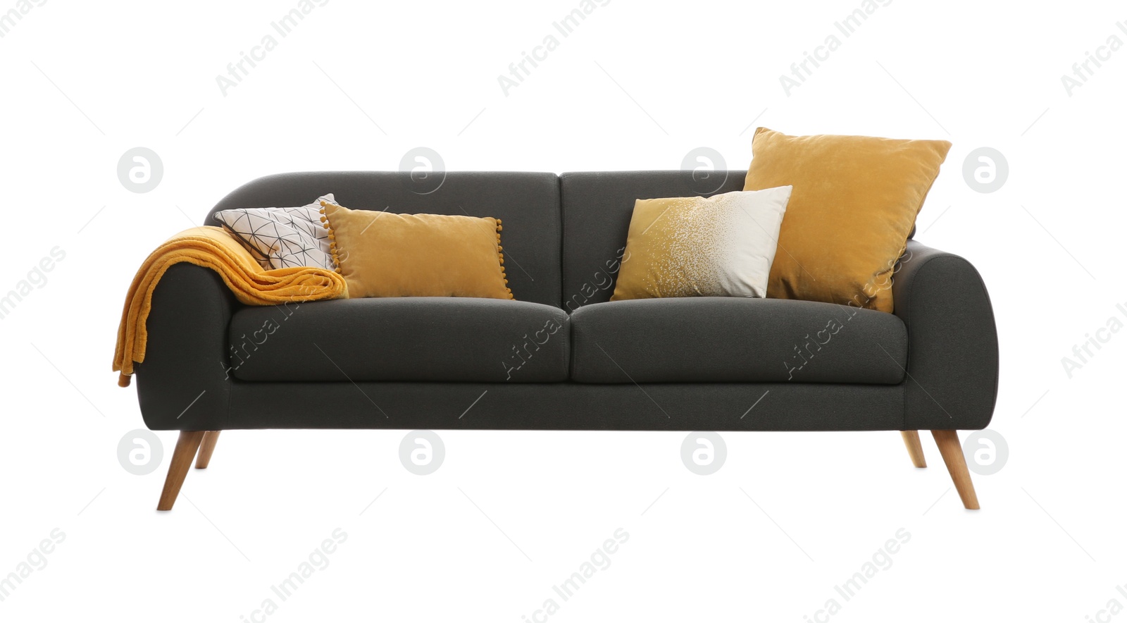 Photo of Comfortable grey sofa with cushions on white background. Furniture for living room interior