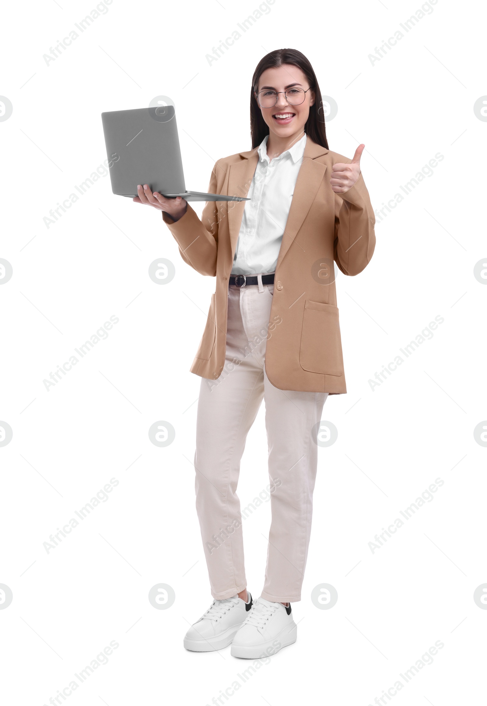 Photo of Beautiful happy businesswoman with laptop showing thumbs up on white background