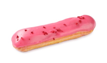 Delicious eclair covered with pink glaze isolated on white