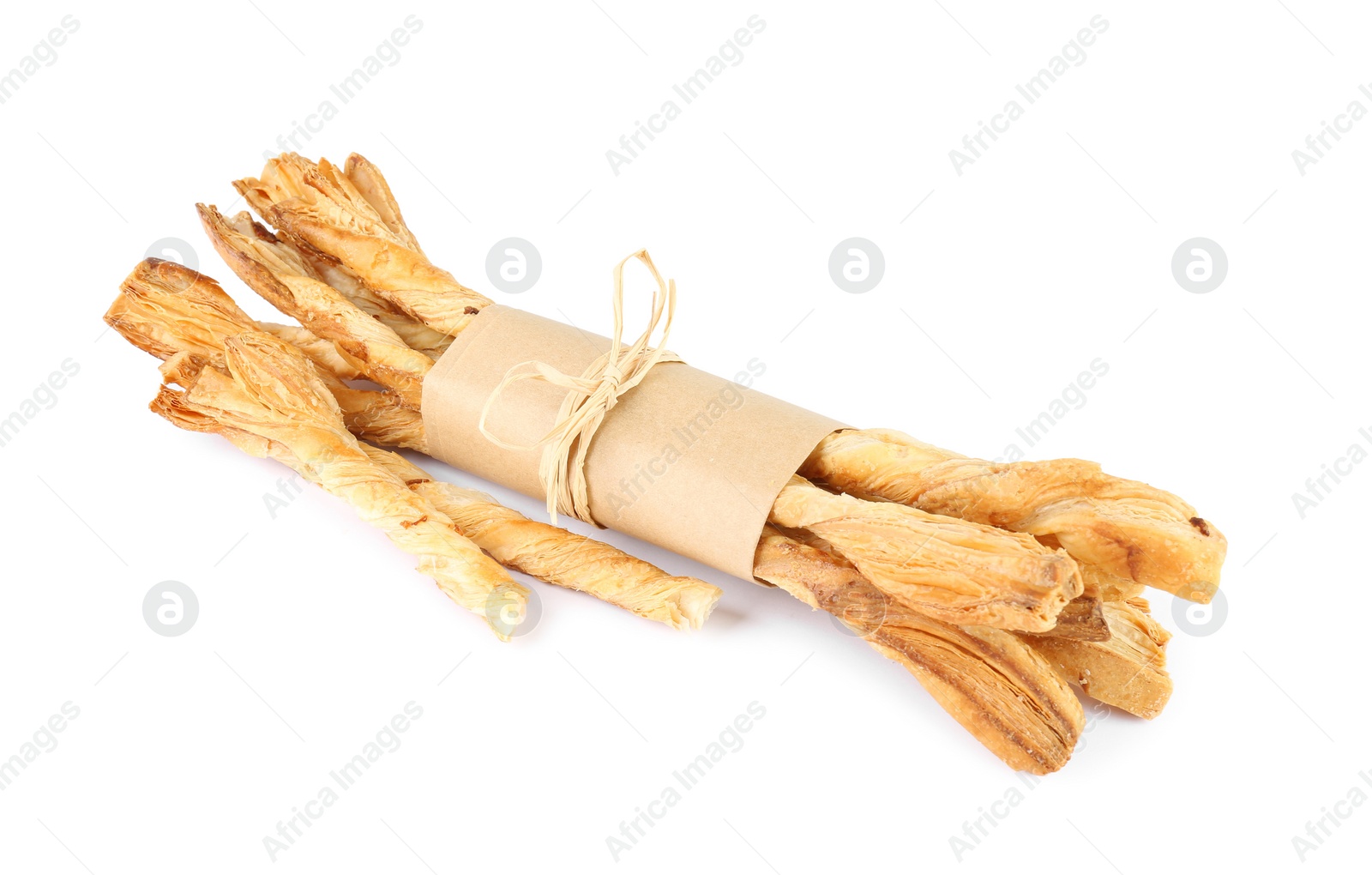 Photo of Delicious grissini isolated on white. Crusty breadsticks