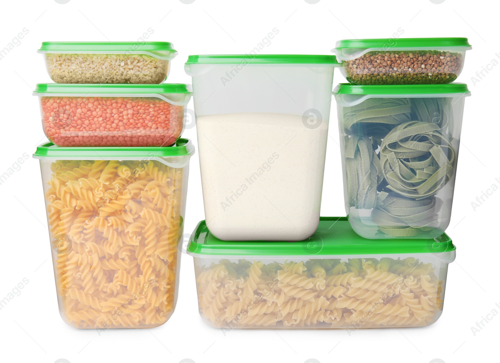 Photo of Plastic containers filled with food products isolated on white