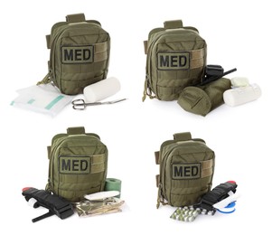 Image of Collage with military first aid kit on white background