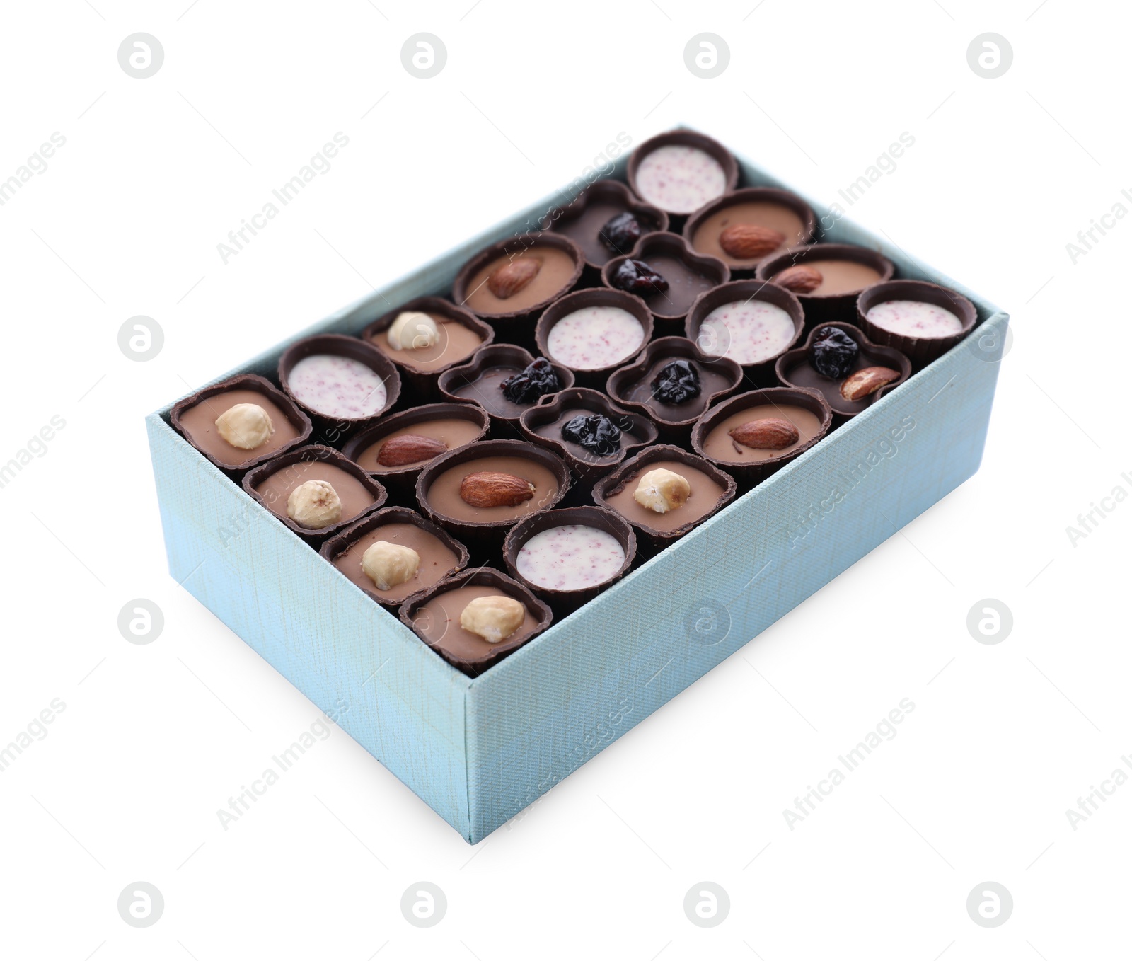 Photo of Box of delicious chocolate candies isolated on white