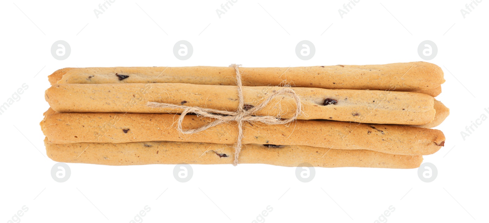 Photo of Fresh delicious grissini sticks on white background, top view