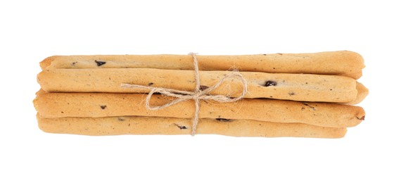 Photo of Fresh delicious grissini sticks on white background, top view