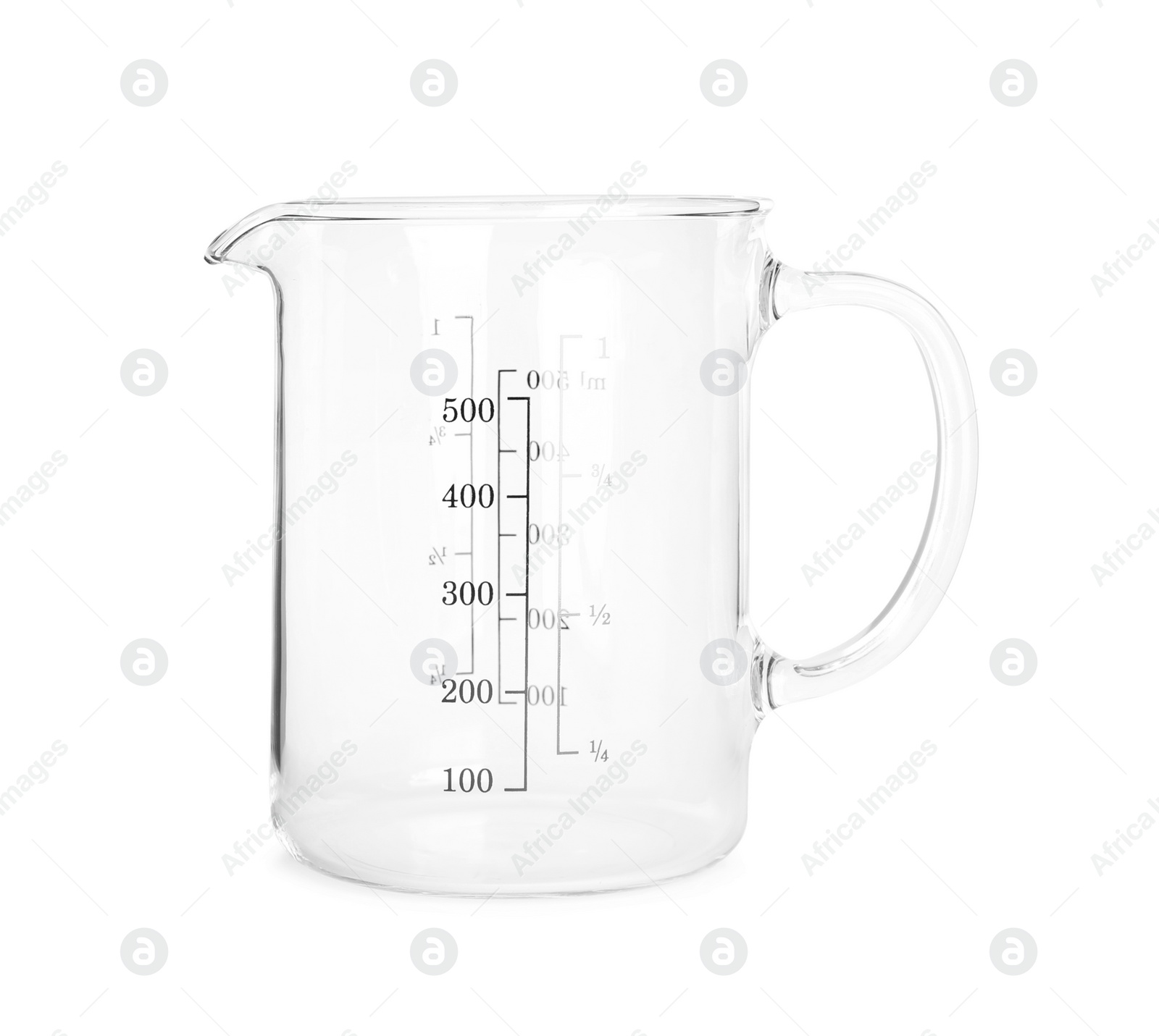Photo of New transparent measuring cup isolated on white. Cooking utensil