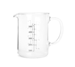 Photo of New transparent measuring cup isolated on white. Cooking utensil