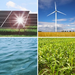Image of Collage with photos of water, field, solar panels and wind turbine. Alternative energy source