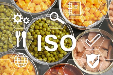 ISO 22000 - Food safety management. Open tin cans of conserved products, top view