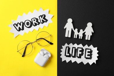 Photo of Family figures, eyeglasses and wireless earphones on color background, flat lay. Life work balance concept