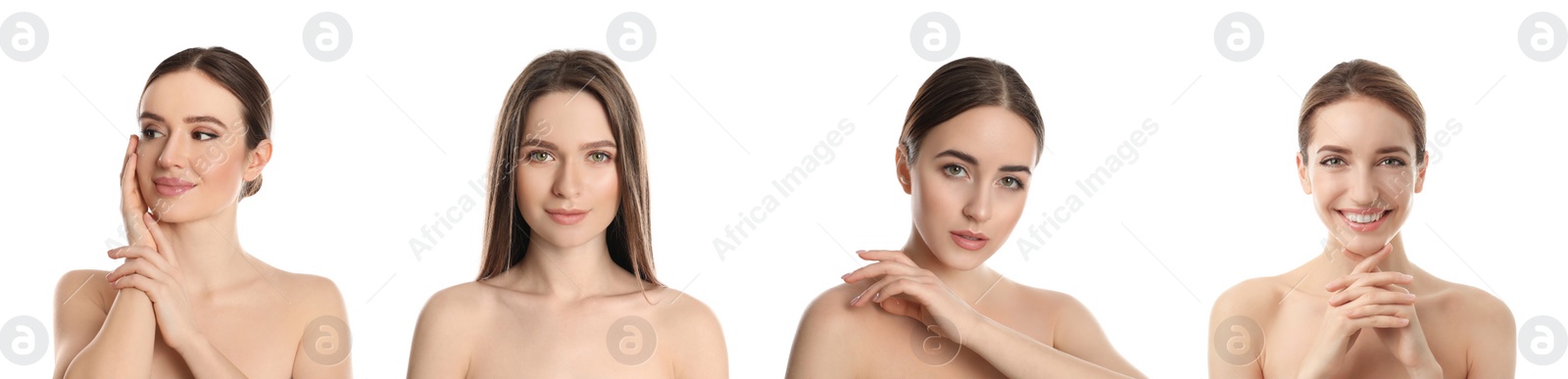 Image of Young beautiful women with perfect skin on white background, collage of portraits. Banner design