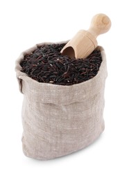 Raw black rice in sack isolated on white