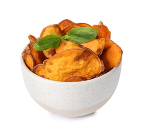 Photo of Bowl of sweet potato chips with basil isolated on white