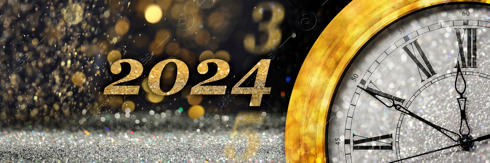 Image of Counting last moments to New 2024 Year. Greeting card with clock showing ten minutes until midnight on festive background, banner design