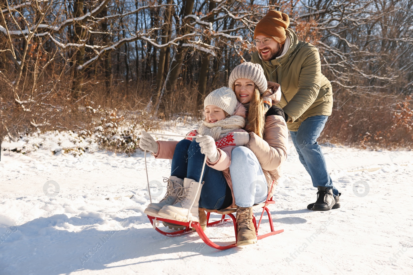 Photo of Happy family having fun with sledge in snowy forest