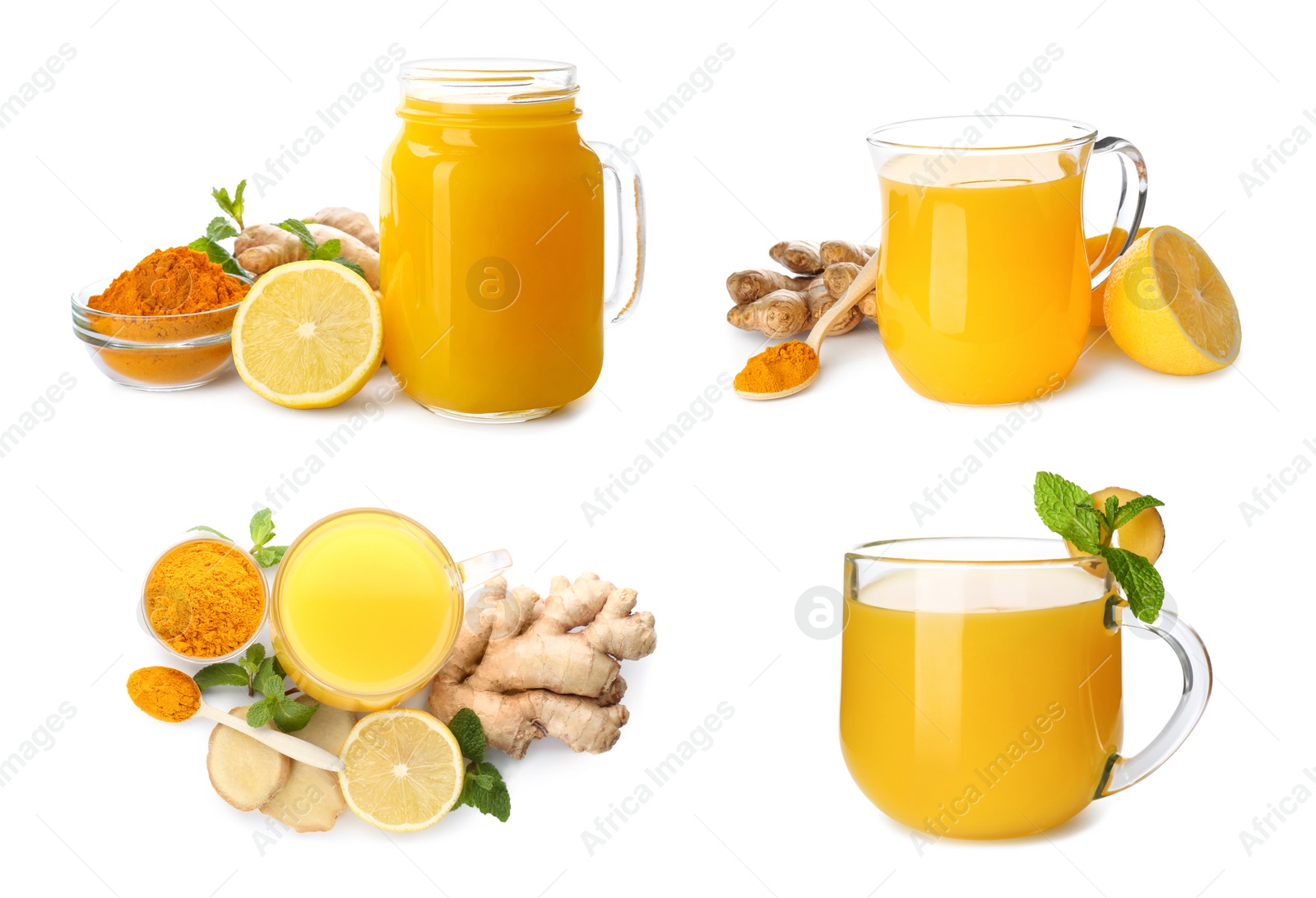 Image of Set of immunity boosting drink with lemon, ginger and turmeric on white background 