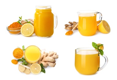 Image of Set of immunity boosting drink with lemon, ginger and turmeric on white background 