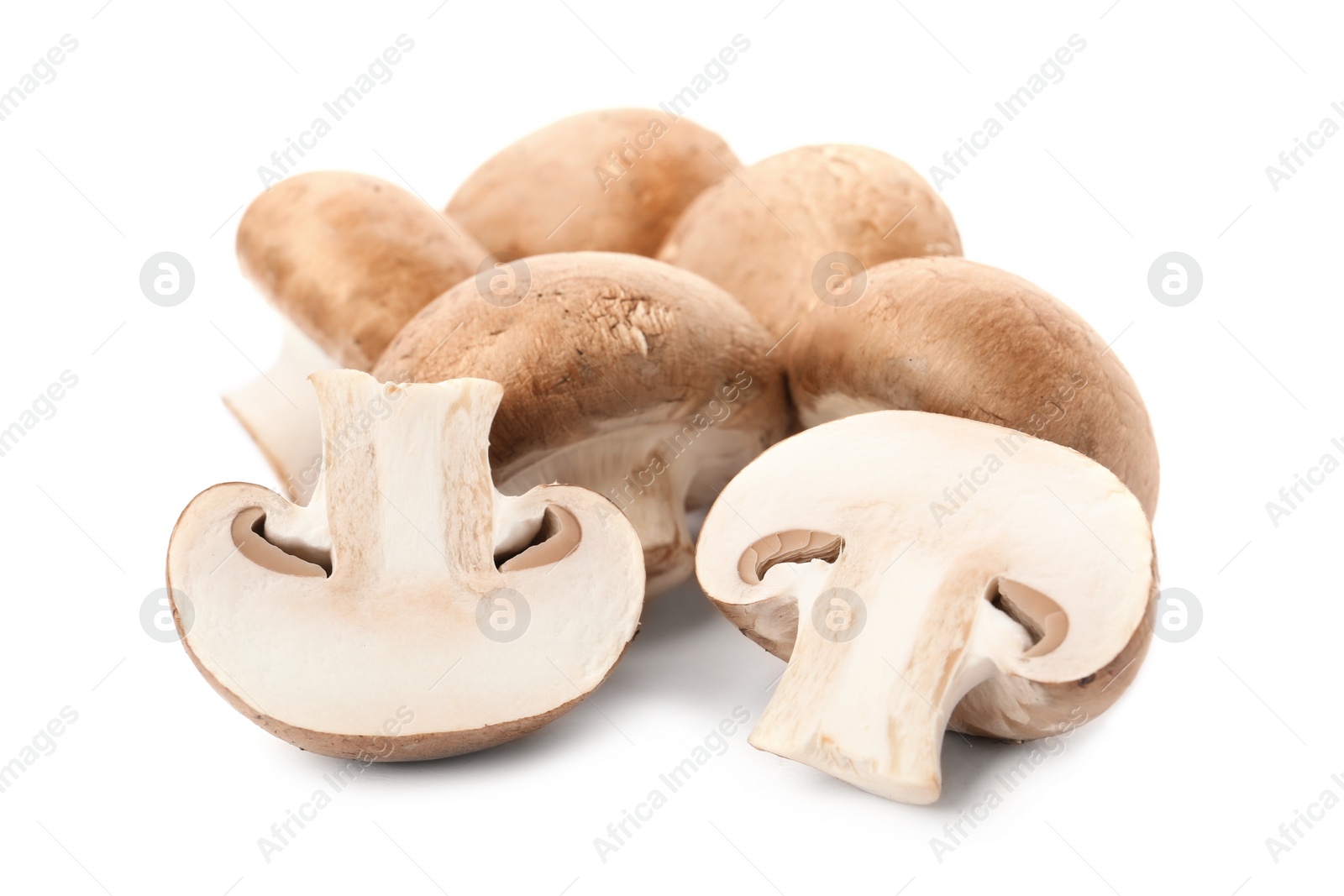 Photo of Fresh raw champignon mushrooms on white background