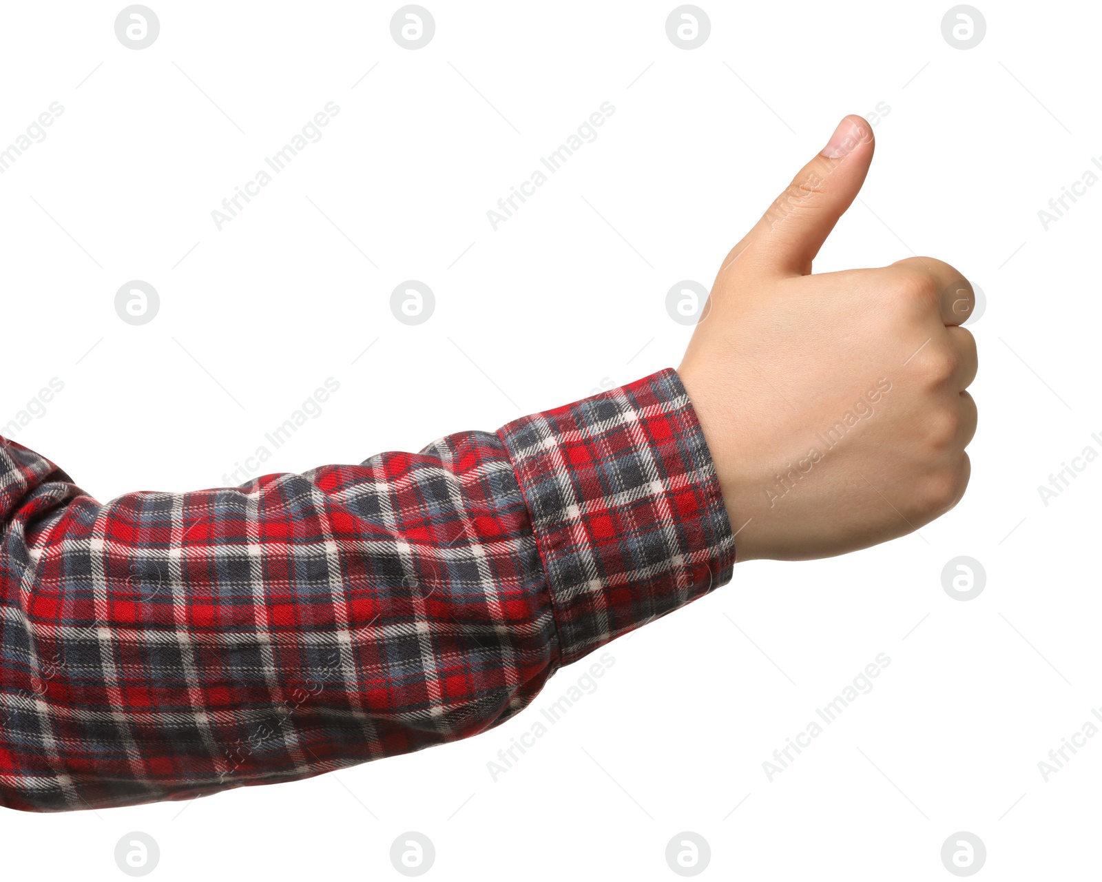 Photo of Man showing thumb up on white background, closeup of hand. Hitchhiking gesture