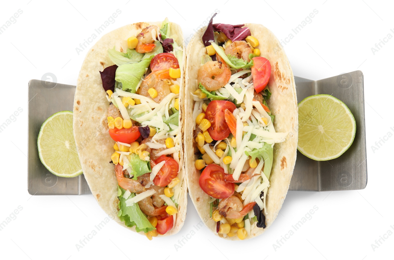 Photo of Delicious tacos with shrimps, cheese and lime on white background, top view