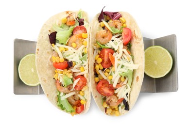 Delicious tacos with shrimps, cheese and lime on white background, top view